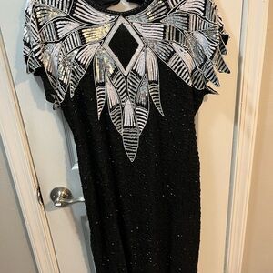 Glamorous Black Dress with Silver Embellishments Lining Back Cut Out NWT!Size 14